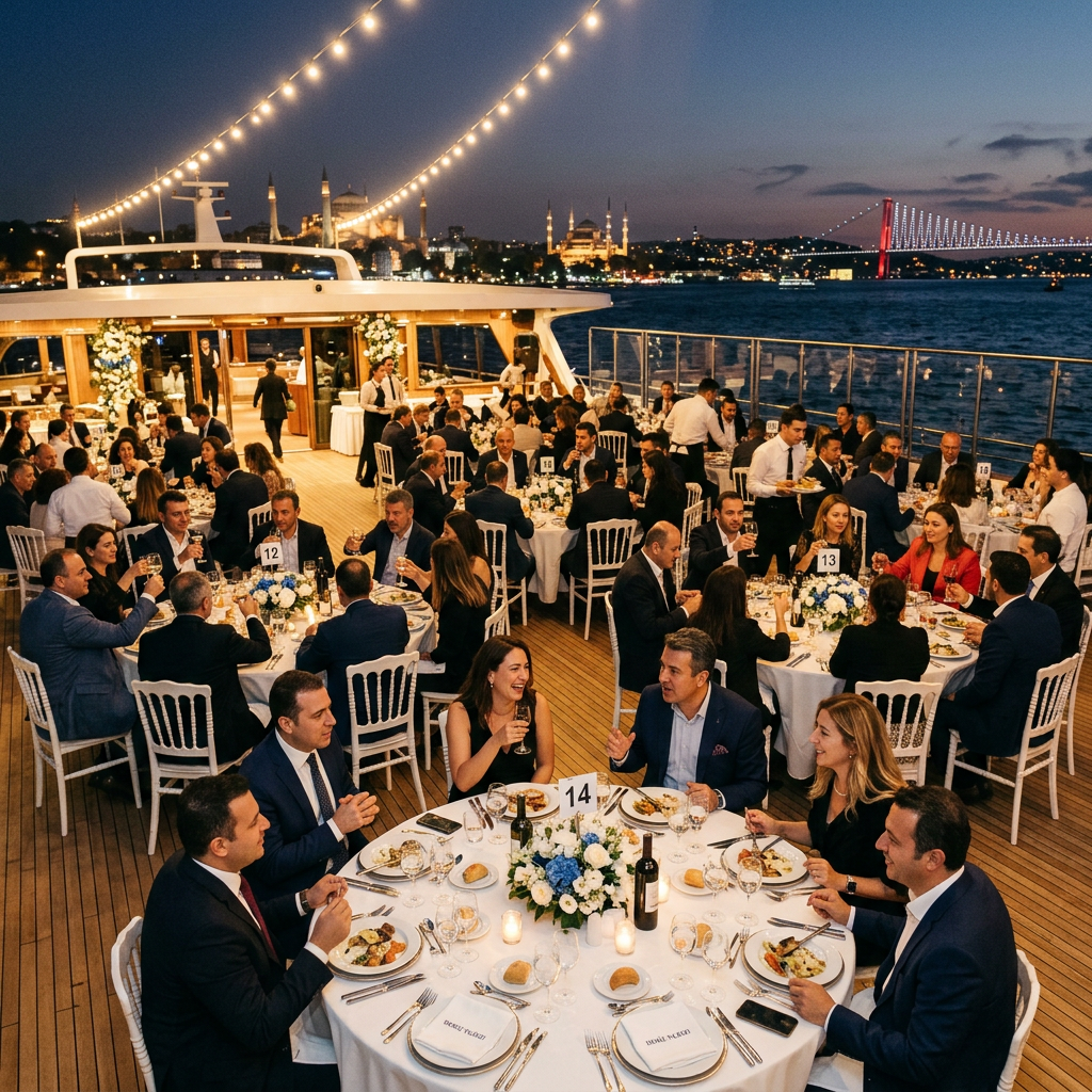 Business professionals dining at multiple round tables on a yacht deck at night with city skyline and lit bridge in the distance