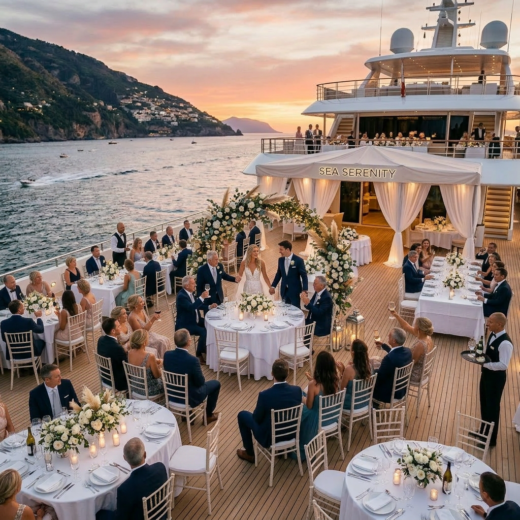 Bride and groom holding hands under floral arch on yacht during sunset wedding ceremony